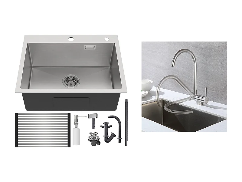 AuraLum Max Évier Cuisine 1 Bac Brossé,58*45*18CM,Égouttoir Énroulable,Distributeur Savon+Mitigeur Cuisine Rabattable,Eau froid Chaud,EU Modèle