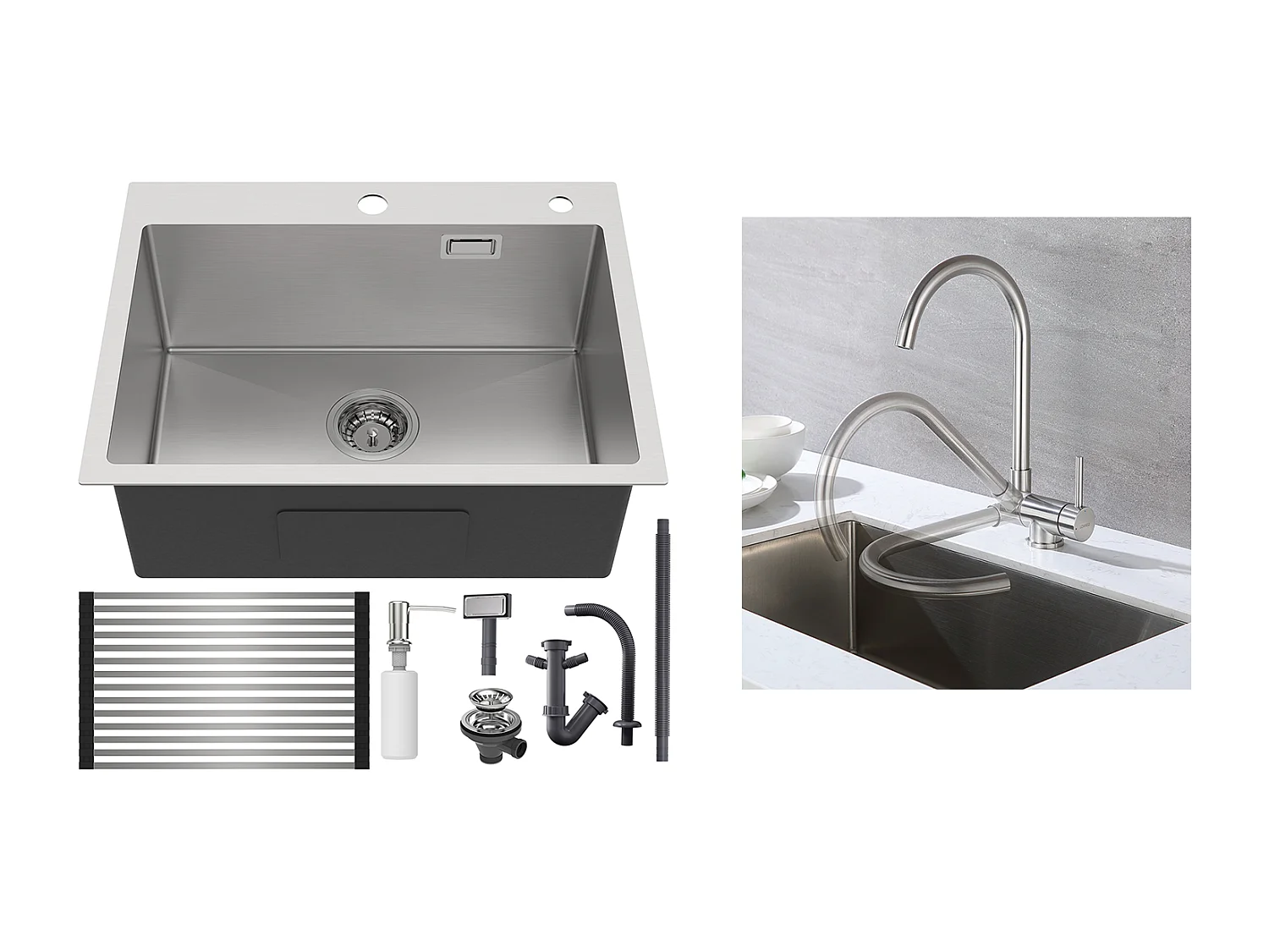 AuraLum Max Évier Cuisine 1 Bac Brossé,58*45*18CM,Égouttoir Énroulable,Distributeur Savon+Mitigeur Cuisine Rabattable,Eau froid Chaud,EU Modèle