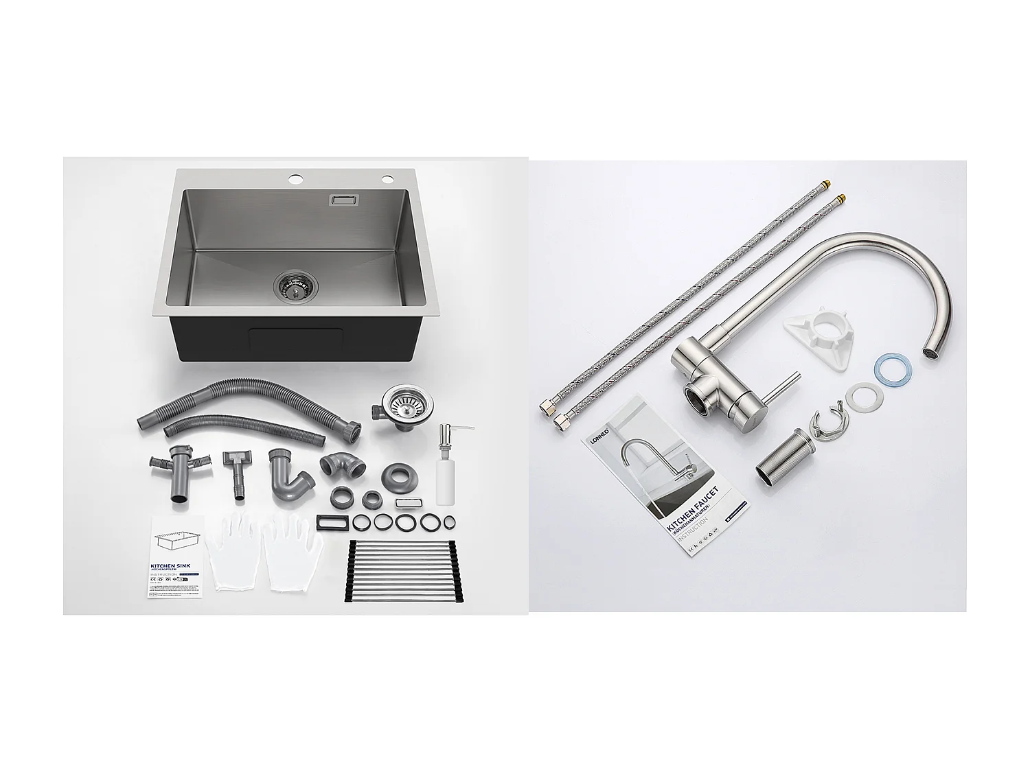 AuraLum Max Évier Cuisine 1 Bac Brossé,58*45*18CM,Égouttoir Énroulable,Distributeur Savon+Mitigeur Cuisine Rabattable,Eau froid Chaud,EU Modèle