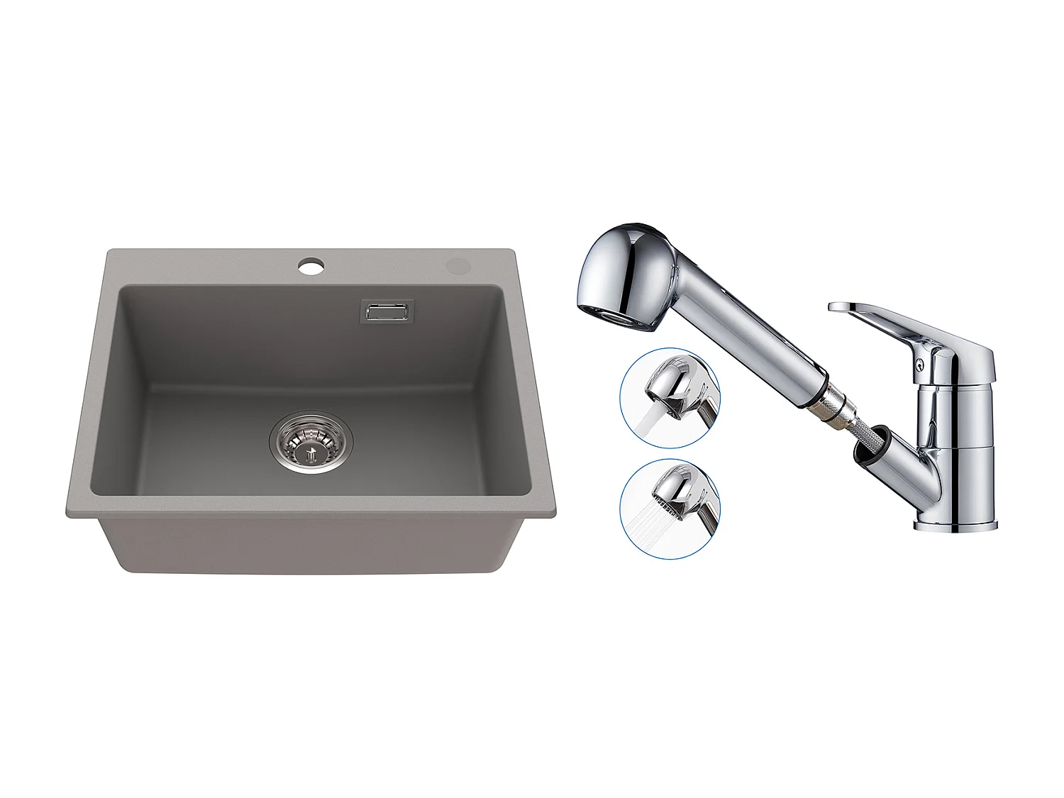 1 Bac Évier Cuisine en Granit,55*45*20cm,Kit de Vidage,Gris+Mitigeur de Cuisine avec Douchette Extractible Chrome Rotatif 360°