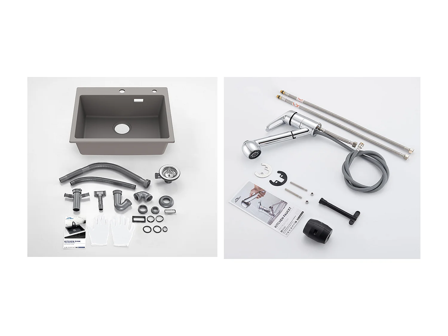 1 Bac Évier Cuisine en Granit,55*45*20cm,Kit de Vidage,Gris+Mitigeur de Cuisine avec Douchette Extractible Chrome Rotatif 360°