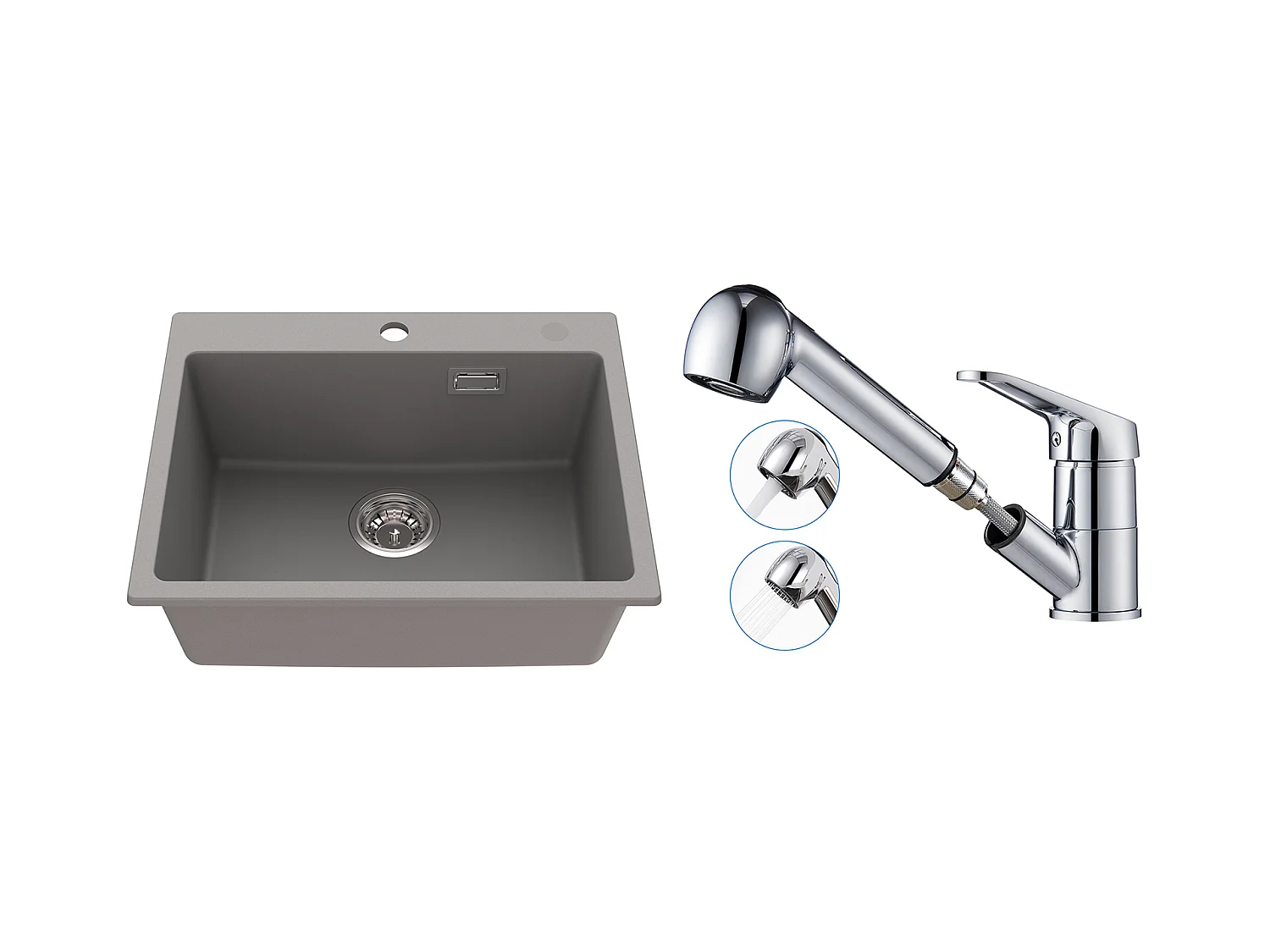 1 Bac Évier Cuisine en Granit,55*45*20cm,Kit de Vidage,Gris+Mitigeur de Cuisine avec Douchette Extractible Chrome Rotatif 360°