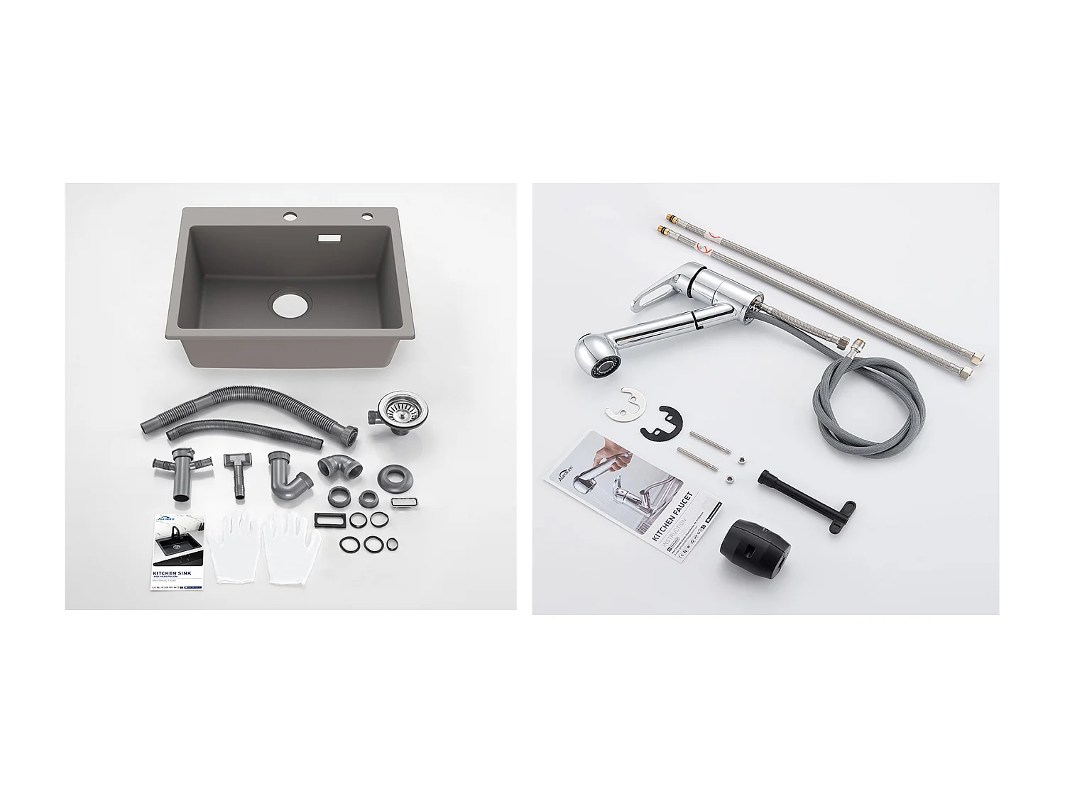 1 Bac Évier Cuisine en Granit,55*45*20cm,Kit de Vidage,Gris+Mitigeur de Cuisine avec Douchette Extractible Chrome Rotatif 360°