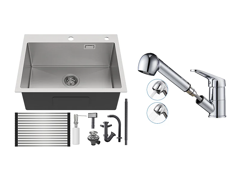 Évier Cuisine 1 Bac,58*45*18CM,Égouttoir Énroulable,Distributeur Savon+Mitigeur Cuisine avec Douchette Extractible Rotatif 360°,Chromé