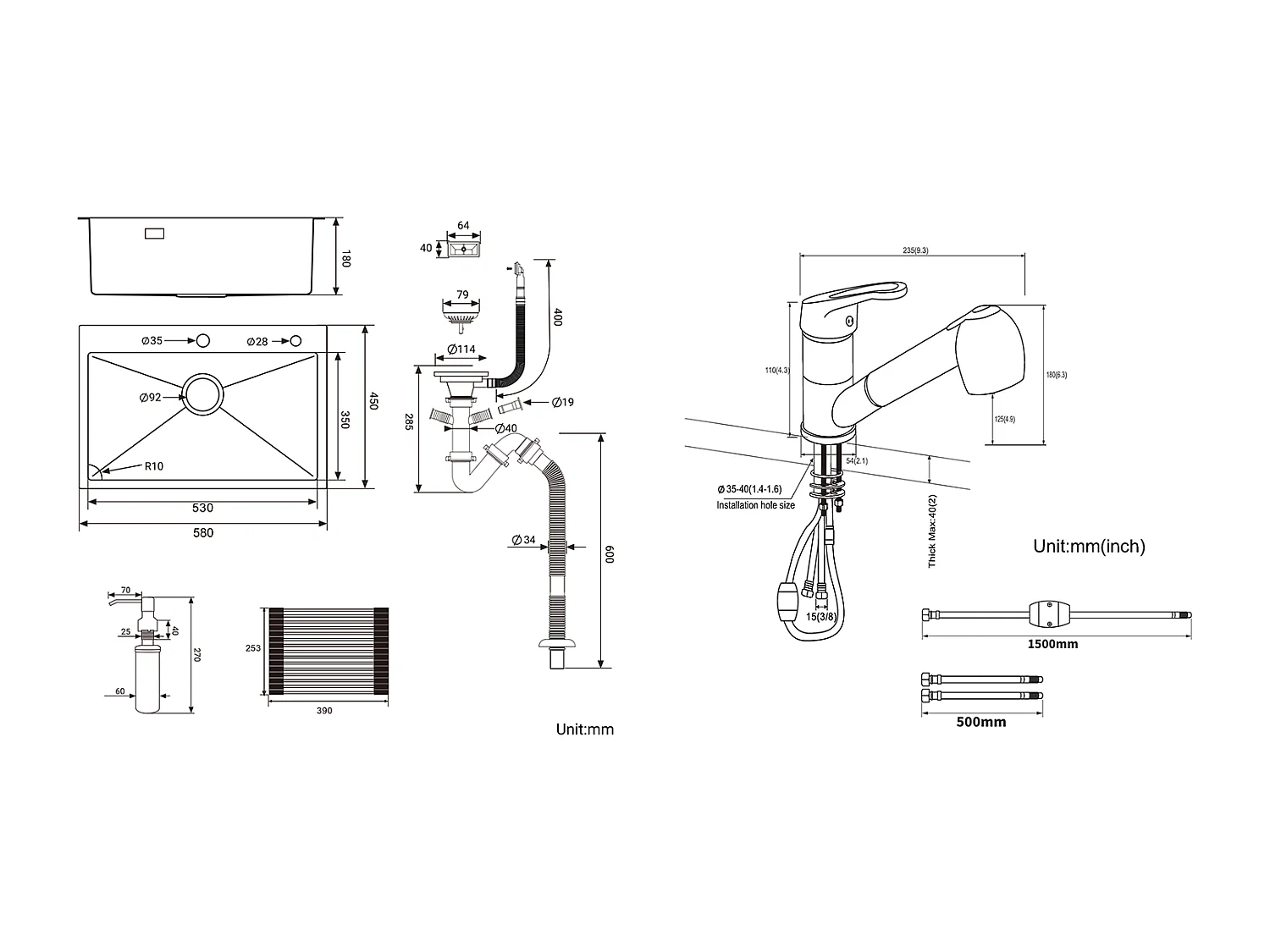 Évier Cuisine 1 Bac,58*45*18CM,Égouttoir Énroulable,Distributeur Savon+Mitigeur Cuisine avec Douchette Extractible Rotatif 360°,Chromé
