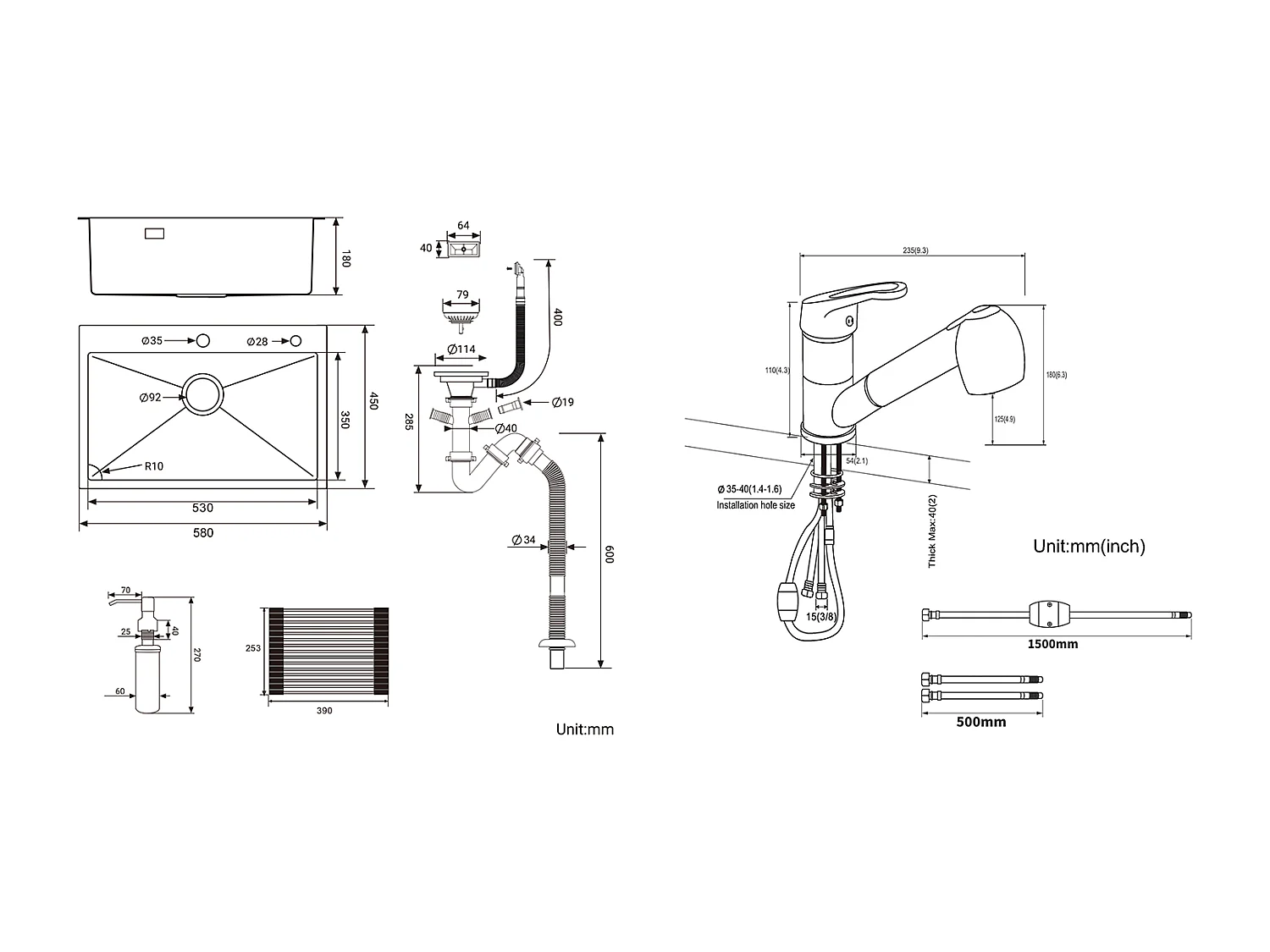 Évier Cuisine 1 Bac,58*45*18CM,Égouttoir Énroulable,Distributeur Savon+Mitigeur Cuisine avec Douchette Extractible Rotatif 360°,Chromé