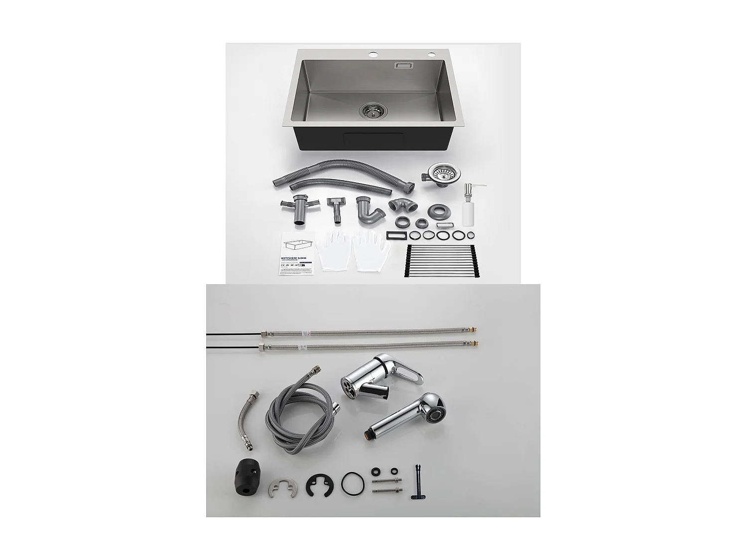 Évier Cuisine 1 Bac,58*45*18CM,Égouttoir Énroulable,Distributeur Savon+Mitigeur Cuisine avec Douchette Extractible Rotatif 360°,Chromé