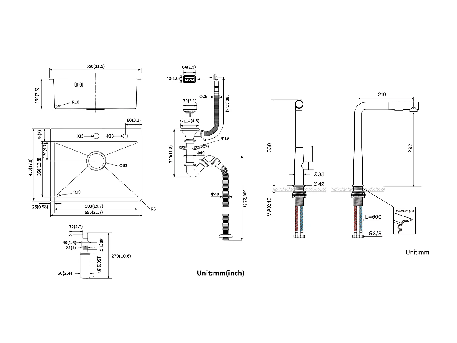 Évier Cuisine 1 Bac 55*45CM Évier Encastré et à Poser avec Distributeur Savon+Mitigeur Cuisine avec Douchette Extractible Rotatif 360°,Brossé