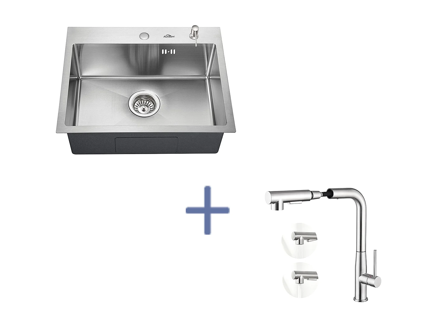 EviEr Keuken 1 Bak 55*45CM Inbouw- en Opbouwspoelbak met Zeepdispenser+Mengkraan Keuken met 360° Draaibare Uittrekbare Handdouche, Geborsteld