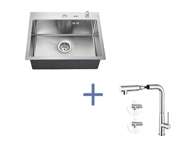 EviEr Keuken 1 Bak 55*45CM Inbouw- en Opbouwspoelbak met Zeepdispenser+Mengkraan Keuken met 360° Draaibare Uittrekbare Handdouche, Geborsteld