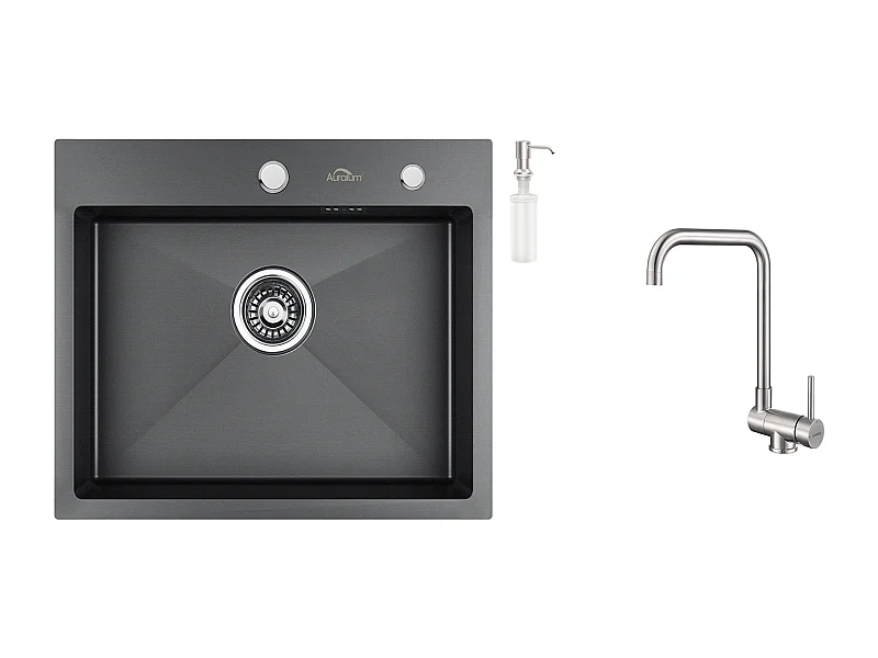 Fregadero Cocina 1 Bandeja 55*45CM Negro+Mezclador Cocina Acero Inoxidable, Plegable Girante 360° con Mango Plegable Contra Ventana