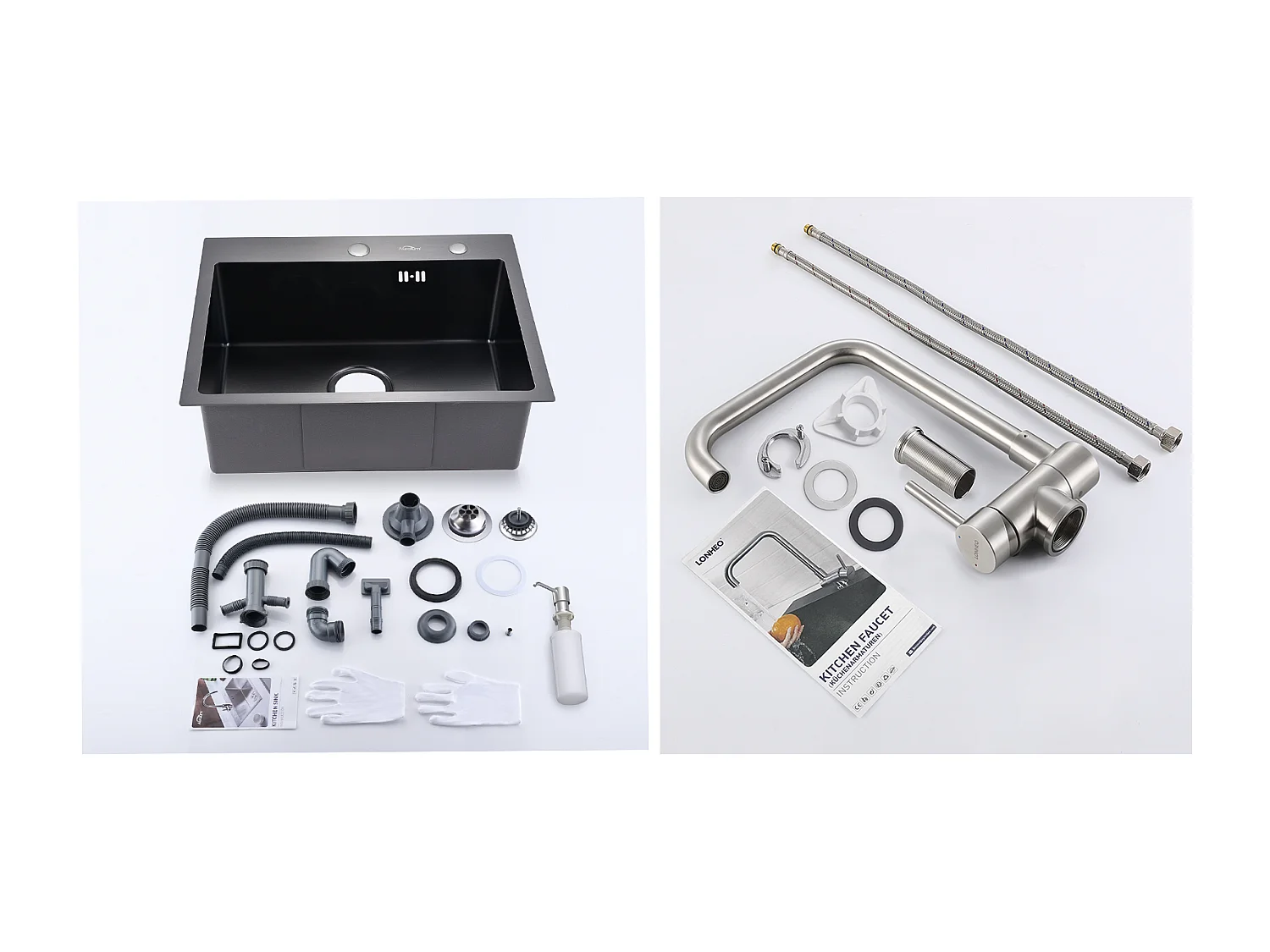 KootsteenNe 1 Bak 55*45CM Zwart+ Keukenmengkraan Roestvrij Staal, Opklapbaar 360° Draaibaar met Vouwgreep Tegen Raam