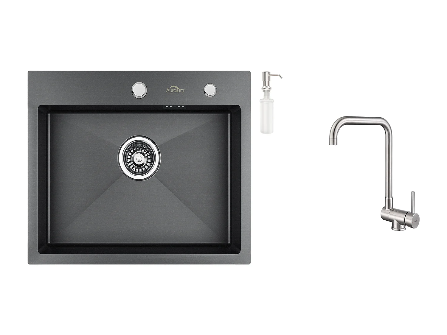 Évier Cuisine 1 Bac 55*45CM Noir+Mitigeur Cuisine Acier Inoxydable, Rabattable Pivotant à 360°  avec Poignée Pliable Contre Fenêtre