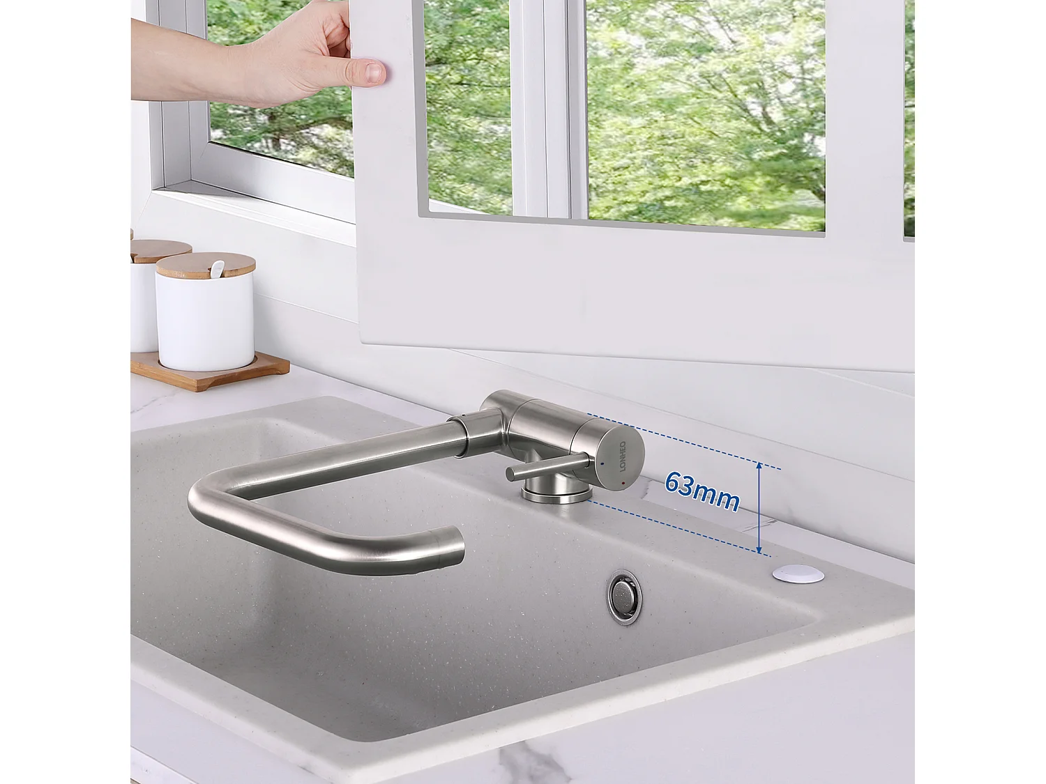 Évier Cuisine 1 Bac 55*45CM Noir+Mitigeur Cuisine Acier Inoxydable, Rabattable Pivotant à 360°  avec Poignée Pliable Contre Fenêtre