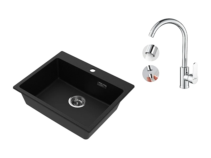 1 Becken Granit-Küchenspüle, 55*45*20cm, Ablaufgarnitur, Schwarz + 360° schwenkbarer Küchenhahn mit Warm-/Kaltwasser, Chrom