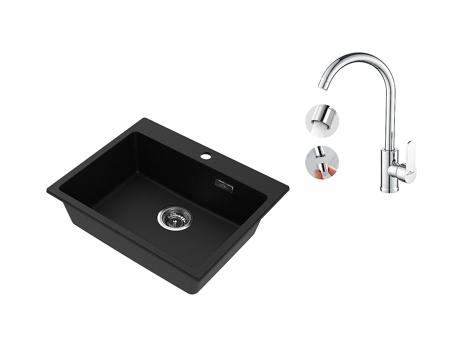 1 Bac Évier Cuisine en Granit,55*45*20cm,Kit de Vidage,Noir+Robinet Cuisine Pivotant à 360° avec Eau Chaude/Froide, Chromé