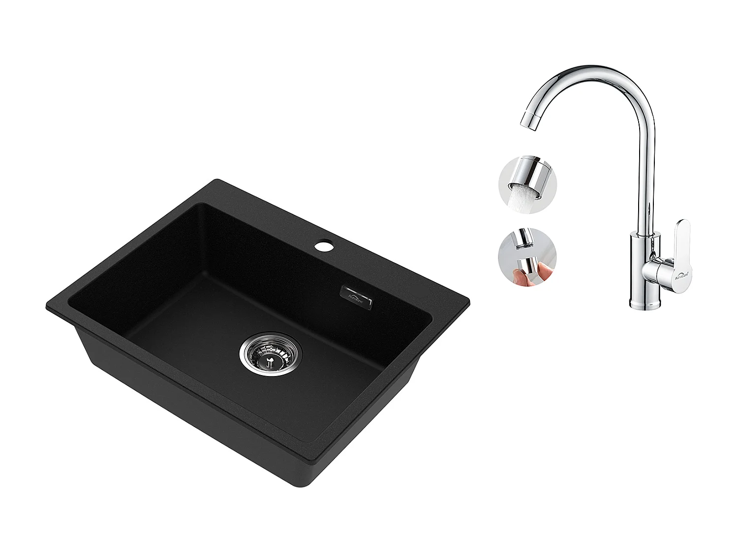 1 Bac Évier Cuisine en Granit,55*45*20cm,Kit de Vidage,Noir+Robinet Cuisine Pivotant à 360° avec Eau Chaude/Froide, Chromé