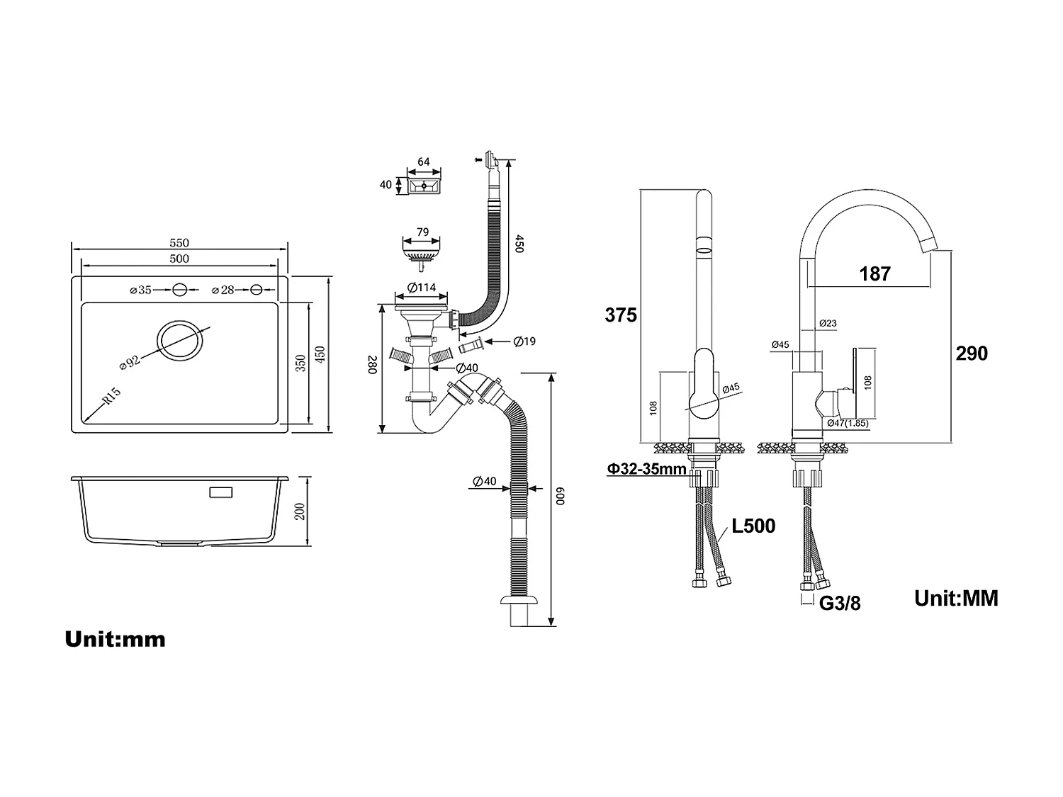 1 Bac Évier Cuisine en Granit,55*45*20cm,Kit de Vidage,Noir+Robinet Cuisine Pivotant à 360° avec Eau Chaude/Froide, Chromé