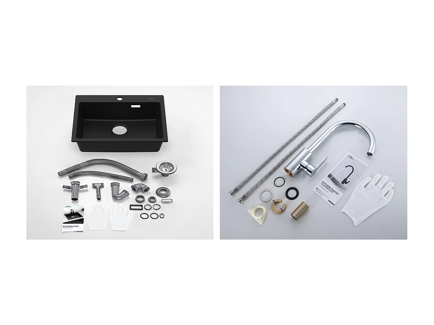 1 Bac Évier Cuisine en Granit,55*45*20cm,Kit de Vidage,Noir+Robinet Cuisine Pivotant à 360° avec Eau Chaude/Froide, Chromé