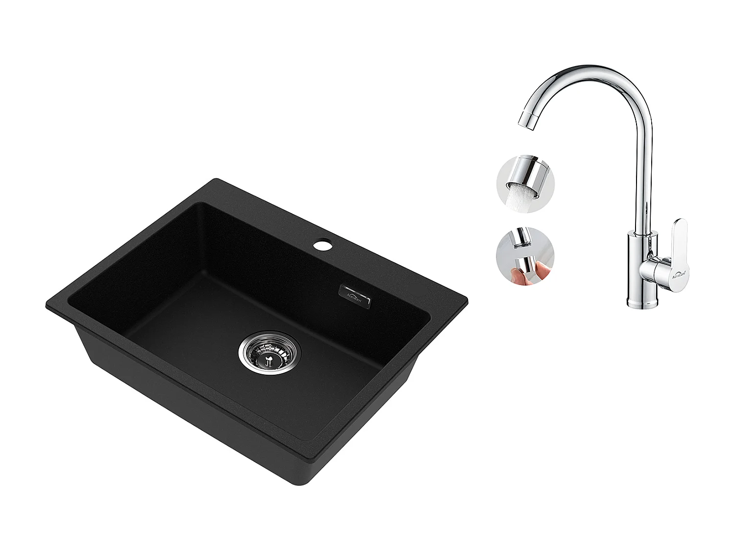 1 Bac Évier Cuisine en Granit,55*45*20cm,Kit de Vidage,Noir+Robinet Cuisine Pivotant à 360° avec Eau Chaude/Froide, Chromé
