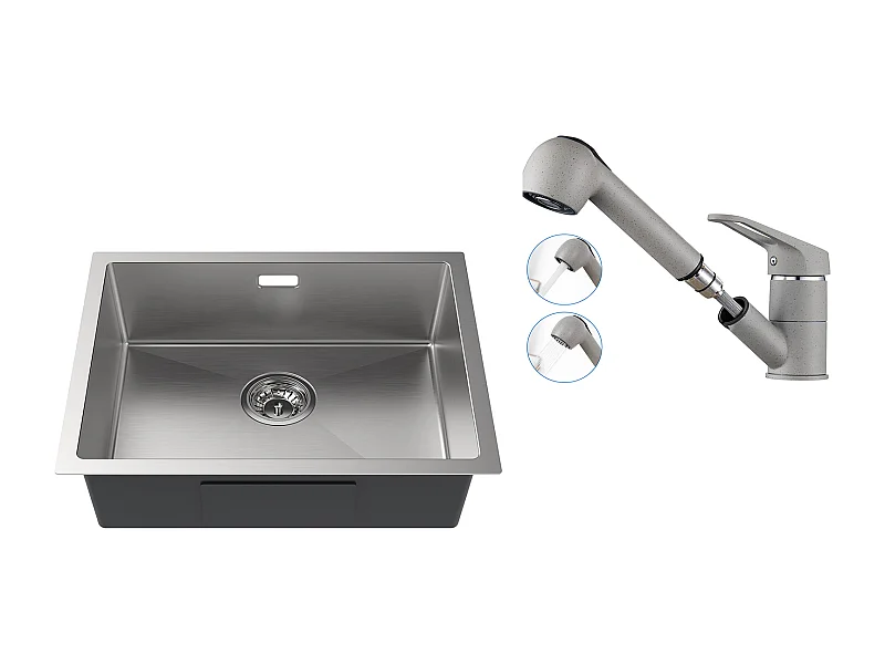 Aanrecht 1 Bak 55*44*19CM, Inbouw/Bloem/Ondergrond, Geborsteld+Keukenkraan met Uittrekbare Handdouche 2 Stralen, Koud/Warm Water, Grijs
