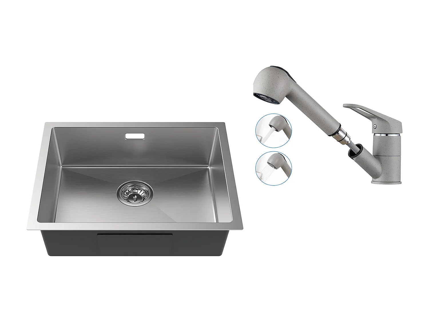 Lavello Cucina 1 Vassoio 55*44*19CM,da incasso/Fiore/Sottopiano,Spazzolato+Rubinetto Cucina con Doccia Estraibile 2 Getti,Aca Fredda/Calda,Grigio