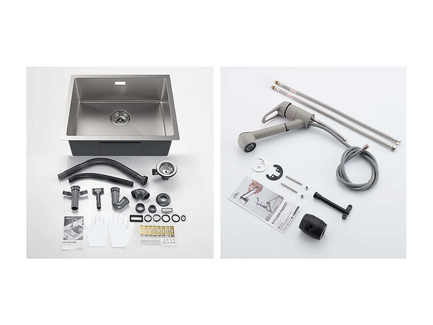 Lavello Cucina 1 Vassoio 55*44*19CM,da incasso/Fiore/Sottopiano,Spazzolato+Rubinetto Cucina con Doccia Estraibile 2 Getti,Aca Fredda/Calda,Grigio
