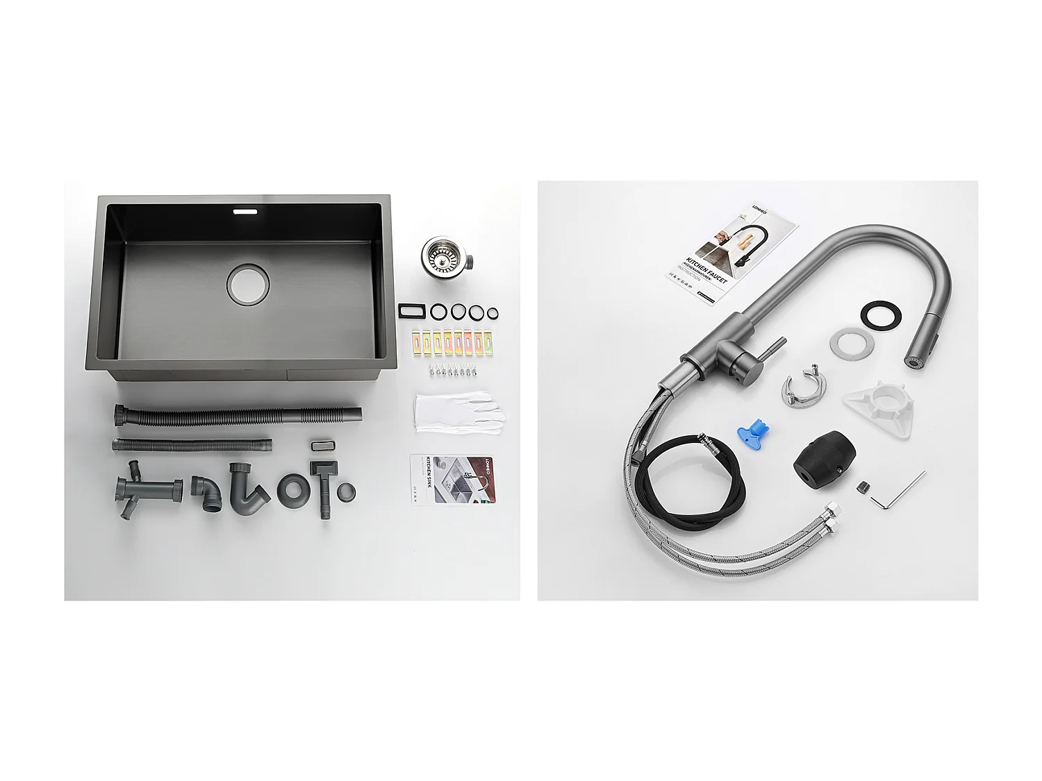 Lonheo Max Aanrecht 1 Bak 74*44*20CM, in geborsteld roestvrij staal met sifon en overloop + keukenkraan Uittrekbare douchekop Donkergrijs 360 ° roterend