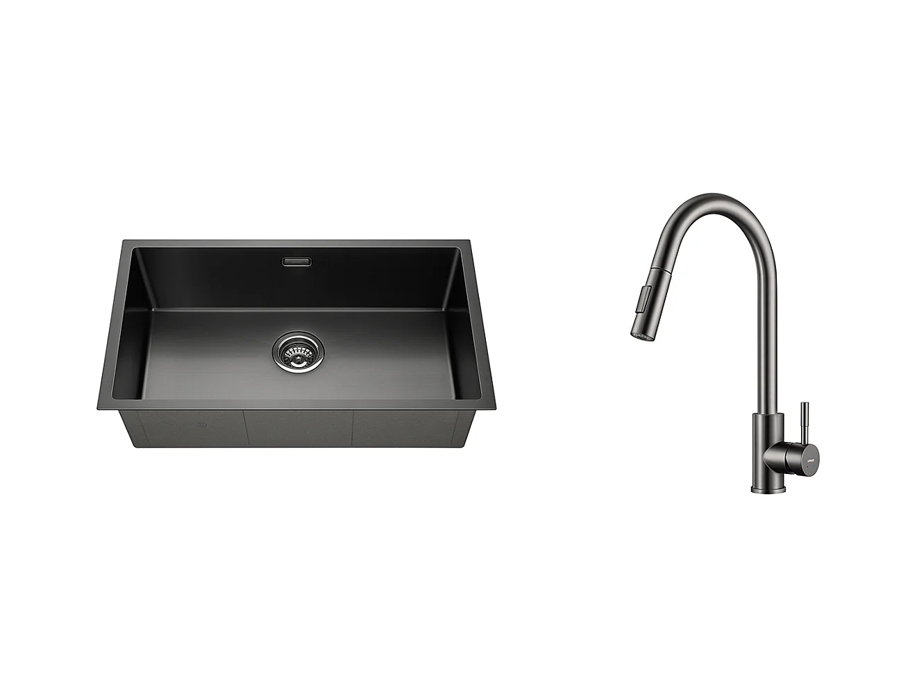 Lonheo Max Einzelbecken Küchenspüle 74*44*20CM, Gebürsteter Edelstahl mit Siphon und Überlauf + Ausziehbarer Brause Küchenarmatur Dunkelgrau 360° Drehbar