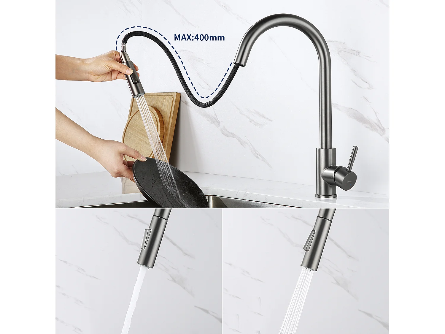 Lonheo Max Lavello Cucina 1 Vassoio 74*44*20CM,Inox Spazzolato con Sifone/Troppo pieno+Rubinetto Cucina Doccia Estraibile Grigio Scuro Rotante 360 °