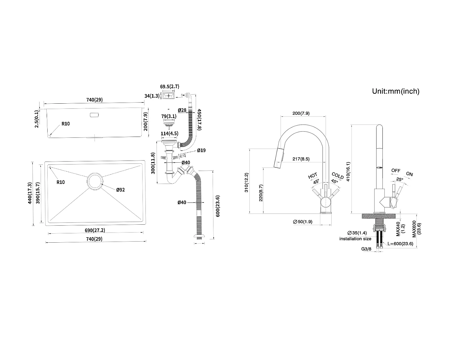 Lonheo Max Évier Cuisine 1 Bac 74*44*20CM,en Inox Brossé avec Siphon et Trop-Plein+Robinet Cuisine Douchette Extractible Gris Foncé Rotatif 360 °