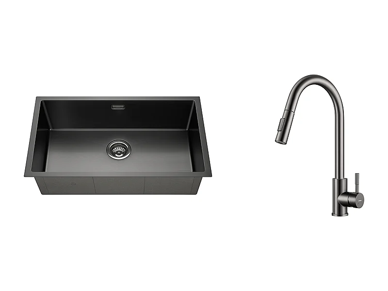 Lonheo Max Lavello Cucina 1 Vassoio 74*44*20CM,Inox Spazzolato con Sifone/Troppo pieno+Rubinetto Cucina Doccia Estraibile Grigio Scuro Rotante 360 °