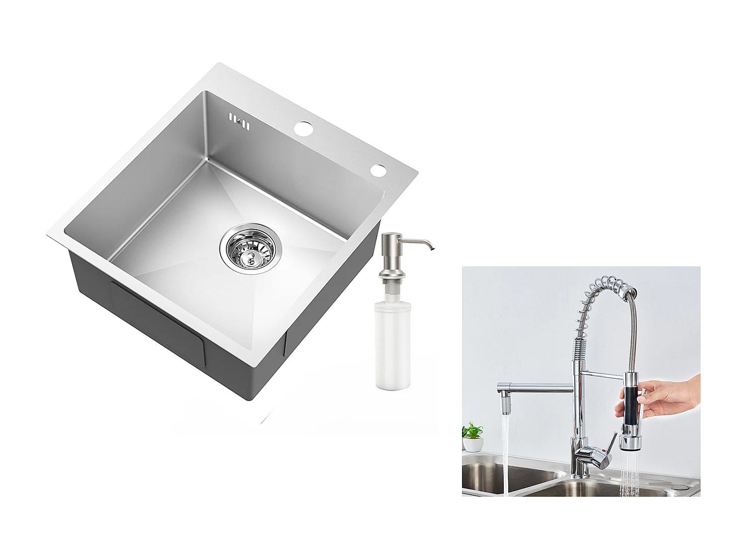 Aanrecht 1Bak Zilver,44*49*20 CM,metZeepdispenser, RVS + 360° Draaibare Keukenkraan Uittrekbare Handdouche