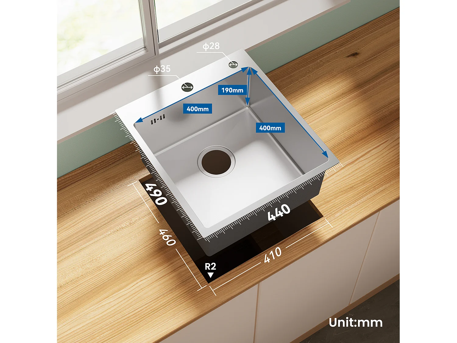 Aanrecht 1Bak Zilver,44*49*20 CM,metZeepdispenser, RVS + 360° Draaibare Keukenkraan Uittrekbare Handdouche