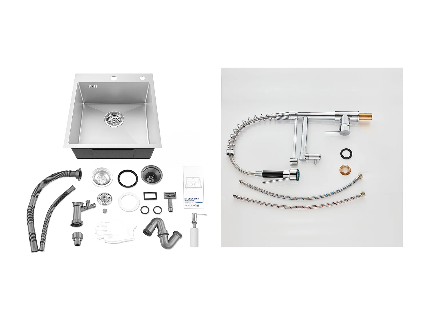 Évier Cuisine 1Bac Argent,44*49*20 CM,avec Distributeur Savon,Inox+Robinet Cuisine Rotatif 360° Douchette Extractible