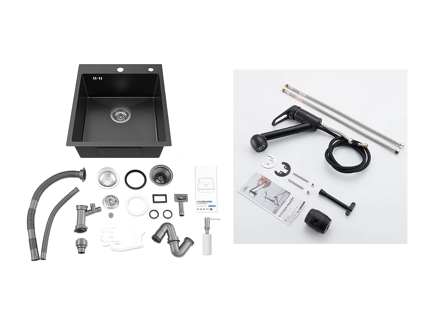 Küchenspüle 1 Becken Grau-Schwarz, Edelstahl, 44*49*20 CM, mit Seifenspender + Küchenarmatur mit ausziehbarer Brause, Warm-/Kaltwasser