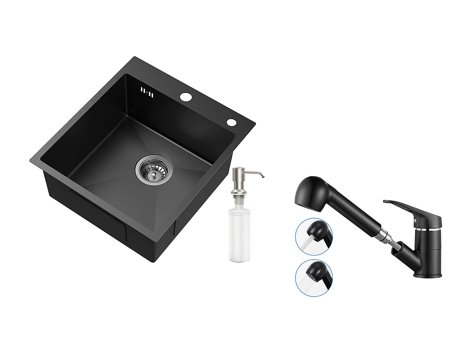 Évier Cuisine 1 Bac Gris-noir,Inox,44*49*20 CM,avec Distributeur Savon+Mitigeur Cuisine avec Douchette Extractible,Eau Chaude /Froide