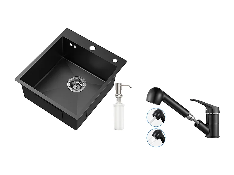 Küchenspüle 1 Becken Grau-Schwarz, Edelstahl, 44*49*20 CM, mit Seifenspender + Küchenarmatur mit ausziehbarer Brause, Warm-/Kaltwasser