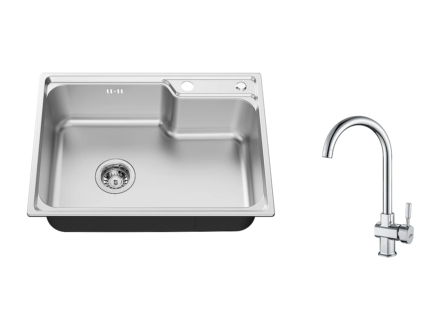 AuralumMax Aanrecht 1Bak 62*45*21CM RVS Aanrecht Keuken PVD Nano Opbouw Wastafel, Zilver+Verchroomde Keukenkraan 360° Draaibaar Koud/Warm Water