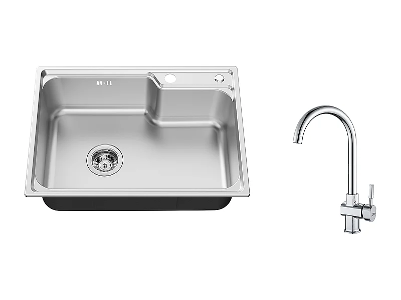 AuralumMax Aanrecht 1Bak 62*45*21CM RVS Aanrecht Keuken PVD Nano Opbouw Wastafel, Zilver+Verchroomde Keukenkraan 360° Draaibaar Koud/Warm Water