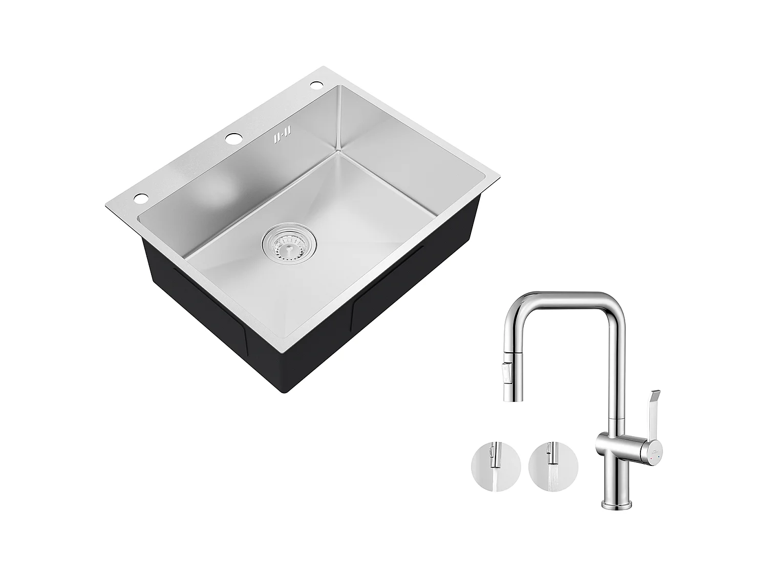 Auralum max Évier Cuisine à Encastrer,1 Bac,60*49*20CM,en inox 304,Silver+Robinet Cuisine avec Douchette Extractible Rotatif 360 °2 Fonctions,Chromé