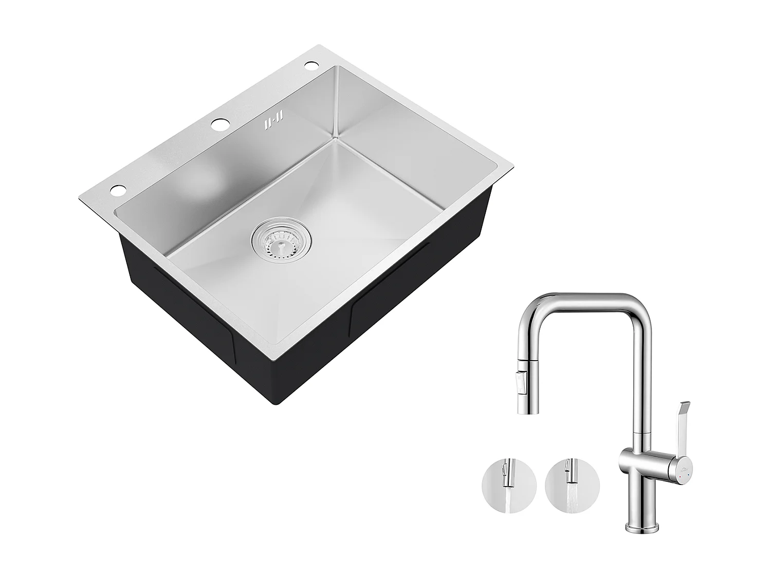 Lavello Cucina Incasso,1Vassoio,60*49*20CM,in acciaio inossidabile 304,Argento+Rubinetto Cucina con Doccia Estraibile Rotante 360 °2 Funzioni,Cromato