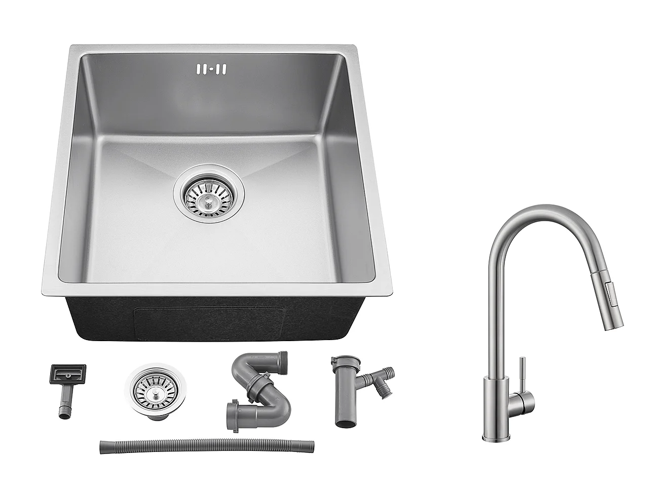 Évier Encastré 44x44x20CM- Évier Cuisine 1 Bac en Inox304,Argent+Mitigeur Cuisine avec Douchette Extensible,Rotatif à 360° 2 Modes,,Brossé