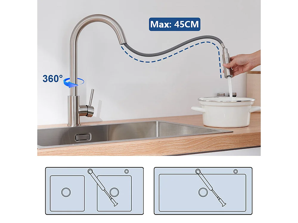 Évier Encastré 44x44x20CM- Évier Cuisine 1 Bac en Inox304,Argent+Mitigeur Cuisine avec Douchette Extensible,Rotatif à 360° 2 Modes,,Brossé