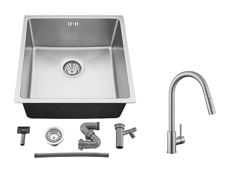 Inbouw Gootsteen 44x44x20CM- Aanrecht 1 Bak in RVS304,Zilver+Mengkraan Keuken met Uitschuifbare Douche, 360° Draaibaar 2 Modi,,Geborsteld