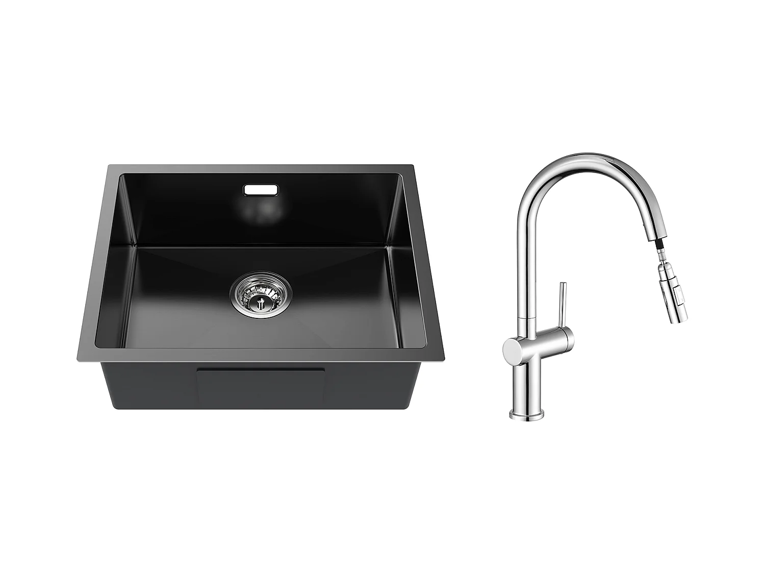 2 en1 Évier de Cuisine 1 Bac 55*44*19CM,à Encastrer/Fleur/ Sous-Plan+Robinet de cuisine Rotatif 360 °2 Fonctions, Barboteur démontable,Noir