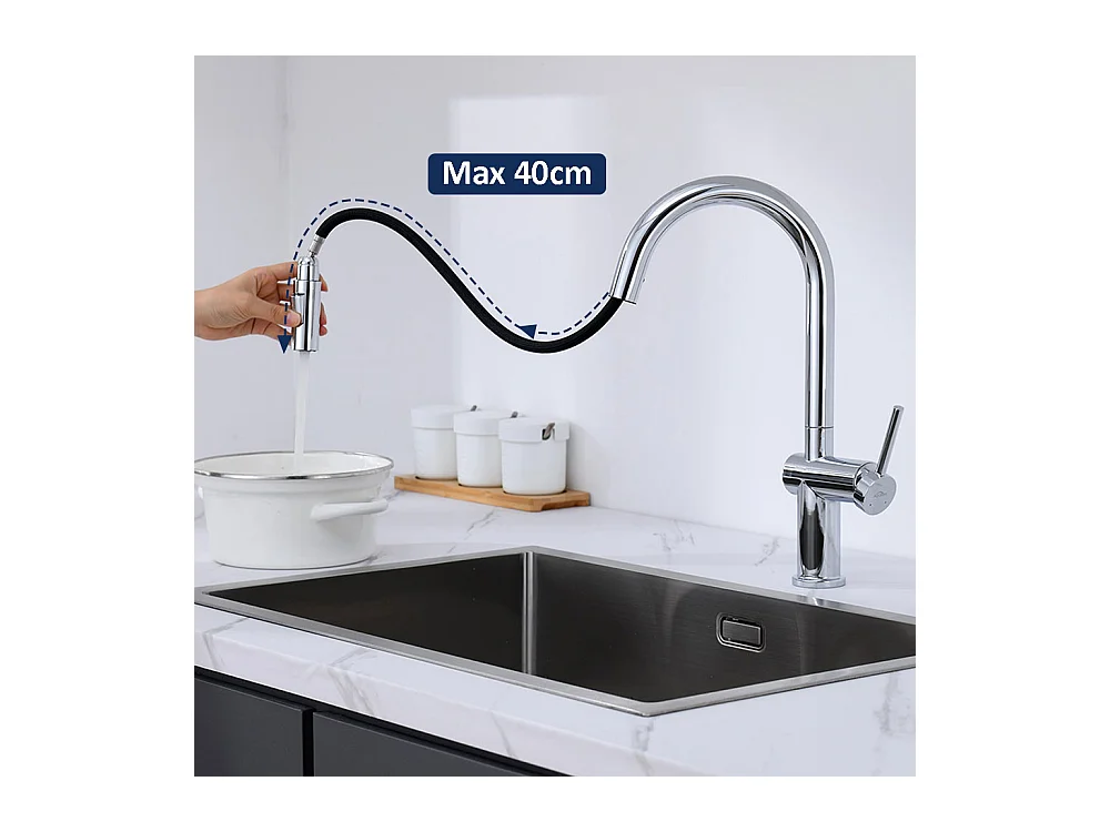 2 in1 Lavello da Cucina 1 vasca 55*44*19CM, a Encastrer/Fleur/ Sub-Plan+Rubinetto da cucina rotante 360 °2 Funzioni, Barboter smontabile, Nero