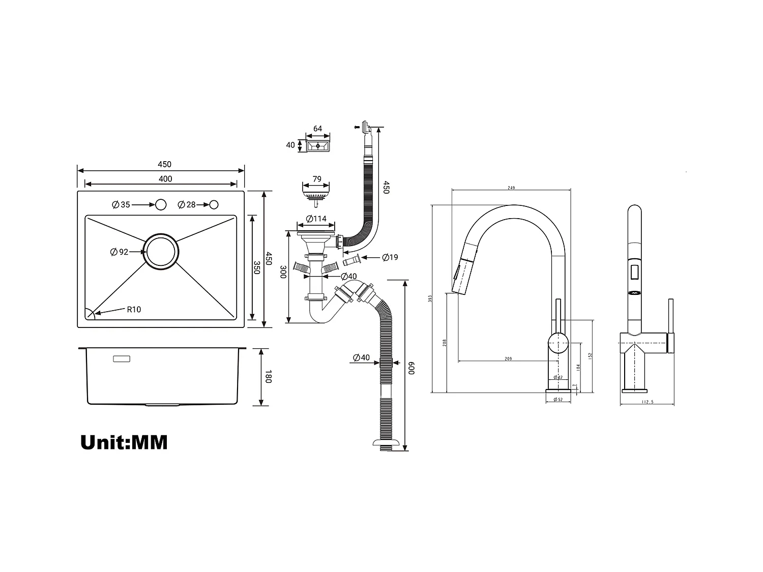 2 in1 Lavello da Cucina 1 vasca 55*44*19CM, a Encastrer/Fleur/ Sub-Plan+Rubinetto da cucina rotante 360 °2 Funzioni, Barboter smontabile, Nero