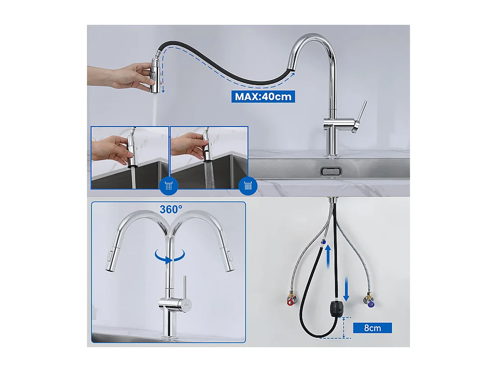 2 in1 Lavello da Cucina 1 vasca 55*44*19CM, a Encastrer/Fleur/ Sub-Plan+Rubinetto da cucina rotante 360 °2 Funzioni, Barboter smontabile, Nero