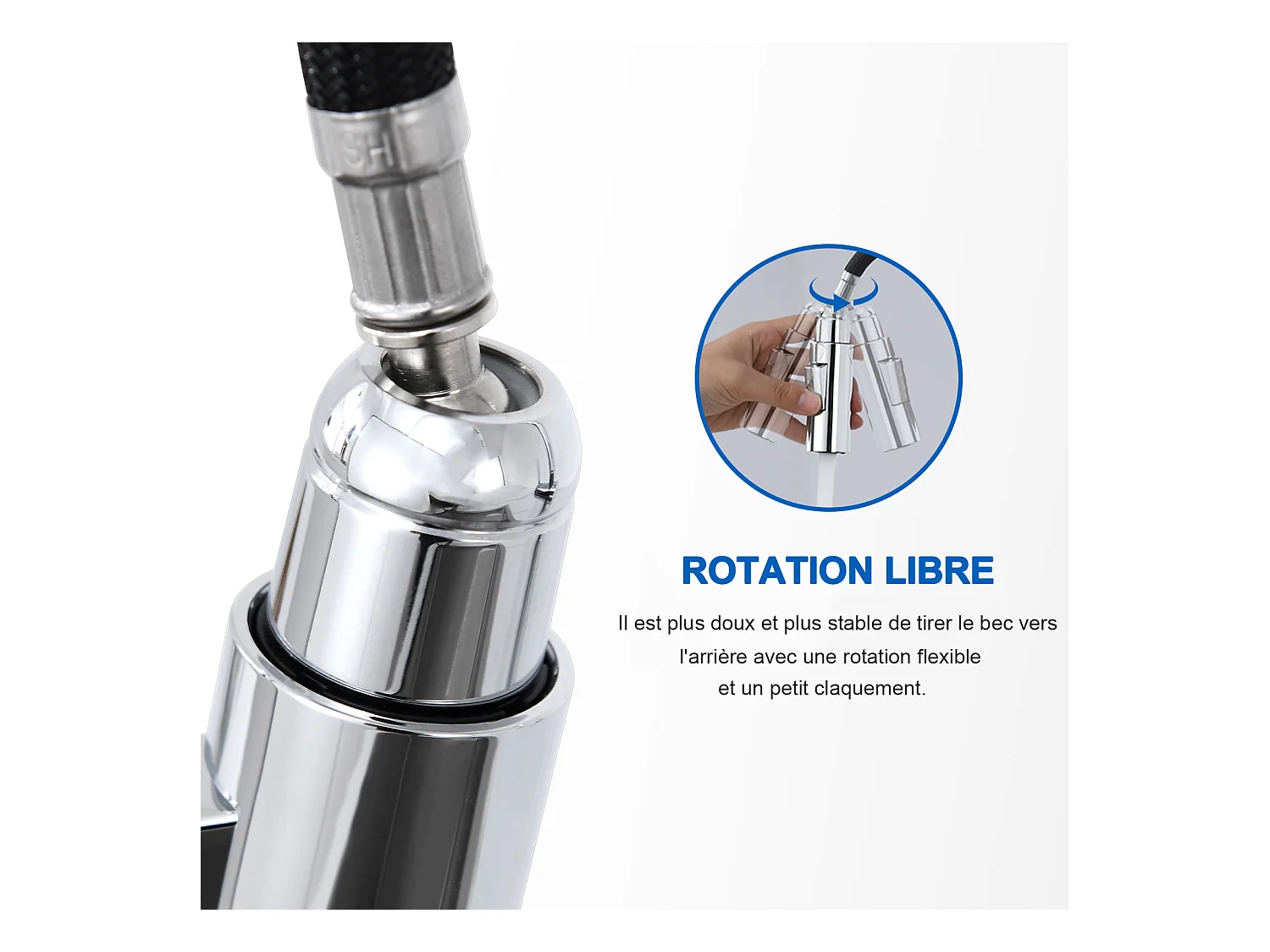 2 in1 Lavello da Cucina 1 vasca 55*44*19CM, a Encastrer/Fleur/ Sub-Plan+Rubinetto da cucina rotante 360 °2 Funzioni, Barboter smontabile, Nero